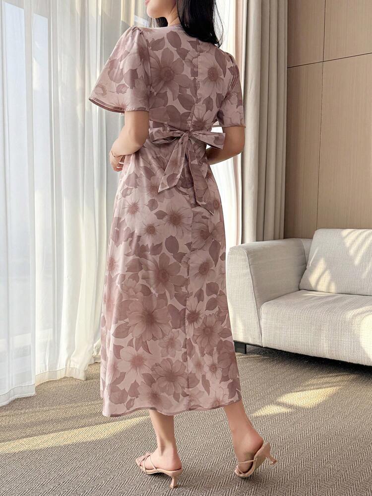 Women's V-Neck Midi Dress, Waist Cinched Chiffon Dress Sundress Cocktail Dress