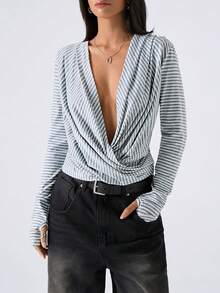 LYSMO Women's Criss-Cross Deep V-Neck Ruched Striped Sexy Long Sleeve Top - Multicolor - View 1