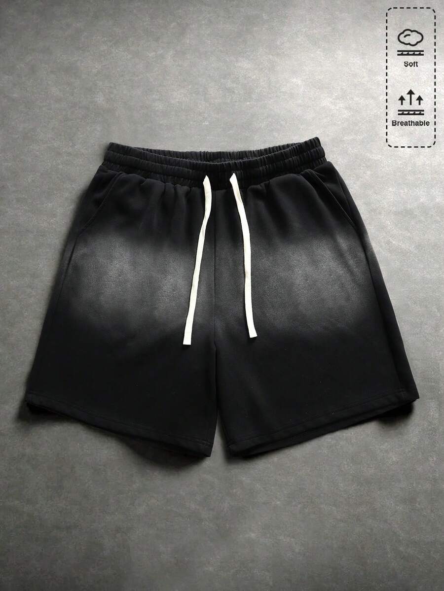 ROMWE MEN Men's Street Fashion Drawstring Bleached Wash Shorts - Black - View 1