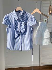 Comfortcana Áo sơ mi nữ thời trang, thanh lịch, in sọc, thêu họa tiết, cài nút phía trước, kiểu dáng thường ngày, đa năng, thích hợp mặc đi chơi, đi nghỉ mát, phong cách thập niên 2000, thích hợp cho mùa hè, kỳ nghỉ xuân, lễ tốt nghiệp, đám cưới, tiệc tùng, lễ kỷ niệm, ngày lễ tình nhân, lễ hội, bãi biển, kỳ nghỉ, thư giãn tại nhà, đường phố, trường đại học. - Màu xanh lam - Xem 4