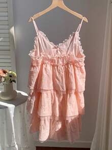 Comfortcana 女士花卉刺绣荷叶边蝴蝶结装饰优雅甜美迷你连衣裙，适合约会、派对等场合 - 粉色 - 查看 8