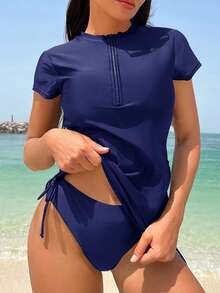 Swim Lushoire 女士纯色常规肩短袖半拉链休闲褶皱防晒衣 - 藏蓝色 - 查看 4