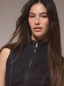 MUSERA Funnel Neck Pleated Zip Through Denim Mini Dress Winter Cute Streetwear Going Out Casual Western Born Faded - Navy Blue - View 2