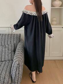Dazy Plus Plus Size Color Block Polka Dot Off-Shoulder Loose Casual Flare Sleeve Long Nightgown, Spring/Summer Home Dress Pajamas - Royal Blue - View 6