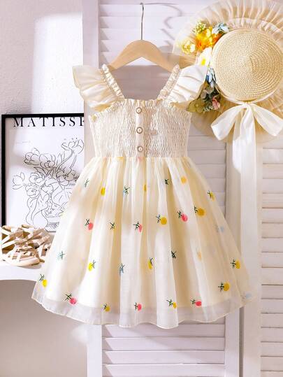 Vestido de estilo princesa casual y cómodo para niñas con decoración de perlas, bordado floral y malla, con tirantes de espagueti, para el verano
