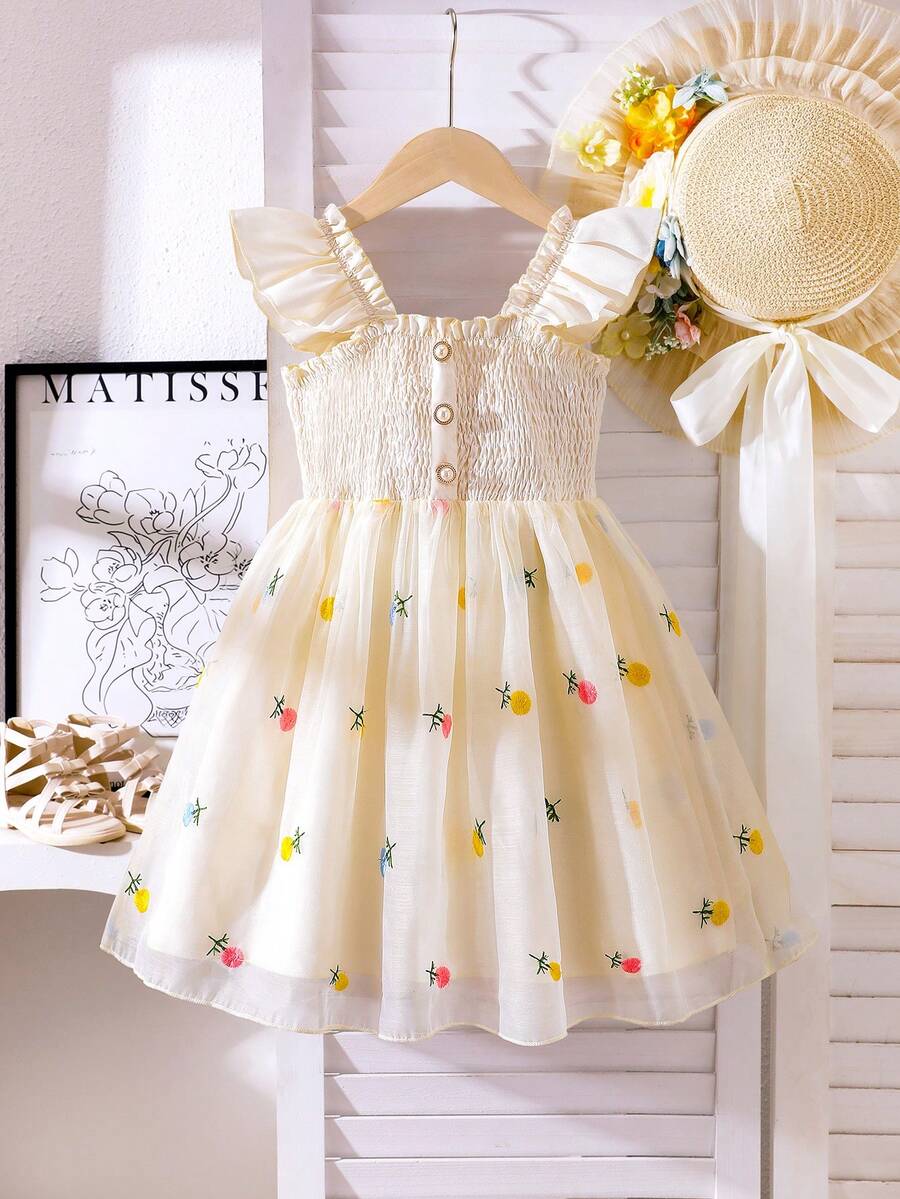 Girls' Pink Summer Fairy Princess Dress,Floral Embroidery Mesh Pearl Decor Smocked Ruffle Strap Sundress For Kids First Birthday Holiday Party - Apricot - View 1