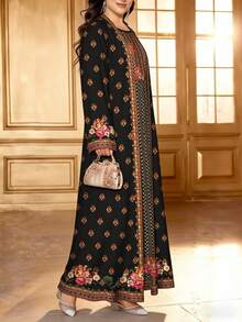 SHEIN Najma 女士复古花卉人字纹印花优雅圆领长款连衣裙配阿巴雅开衫，两件套，春夏款 - 彩色 - 查看 4