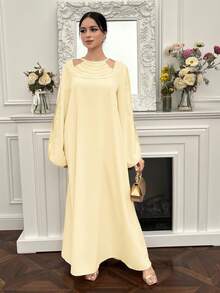 Yasmyna 女士纯色圆领镂空优雅长袖阿拉伯连衣裙 - 黃色 - 查看 3