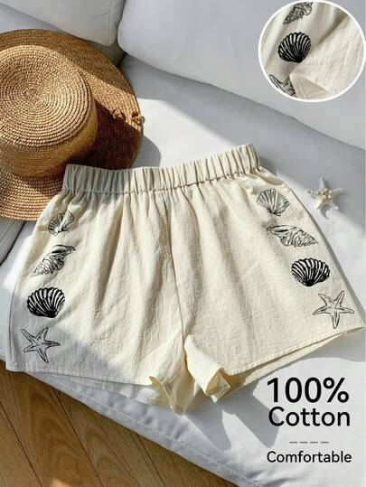 Comfortcana Plus Size Elastic Waist Shell Print Casual Loose Shorts, Spring/Summer Linen Shorts For Women Beach Shorts For Women