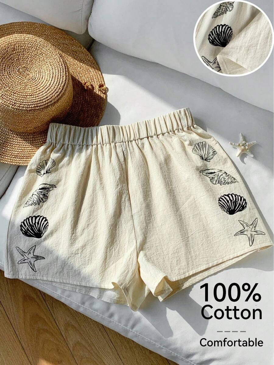 Comfortcana Quần short rộng rãi in họa tiết lưng thun cỡ lớn, mùa xuân/hè - Màu be - Xem 1