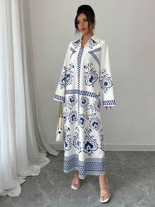 Al Najma 女士宽松印花长袖阿拉伯风格连衣裙 - 藍色 - 查看 5