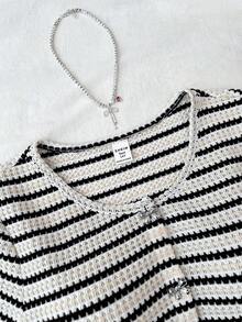 SHEIN Áo croptop dệt kim họa tiết sọc ôm sát dành cho thiếu nữ, xẻ tà phía trước, khóa kim loại và nơ trang trí, trang phục thường ngày thanh lịch cho kỳ nghỉ xuân/hè. - Nhiều màu - Xem 8