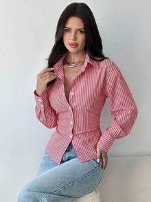 Firerie 女士蓝白条纹长袖衬衫，系带腰身，休闲通勤衬衫，度假衬衫，收腰条纹衬衫，适合春、夏、秋、冬四季穿着，优雅，度假风，波西米亚风，工作装 - 紅色 - 查看 4