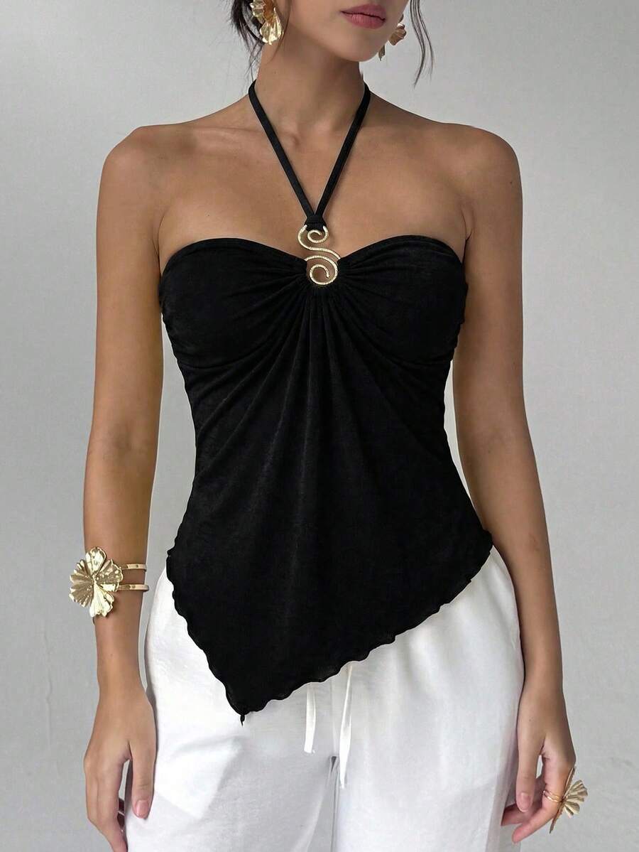 Aloruh 女士性感露背系带吊带上衣，金属装饰，时尚百搭，适合海滩、度假和约会 - 黑色 - 查看 1