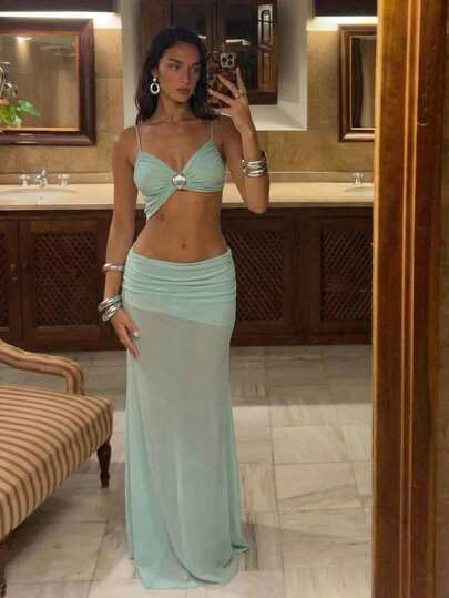 Aloruh Women's New Mint Green Solid Color Dress, Elegant Sexy Hollow Out Twist Knot Design Shell Metal Button Decor Ocean Style Beach Dress, Women's Resort Wear Women's Beach Cover-Up Cover Up For Women Bathing Suit Cover Up Beach Cover Ups For Women Elegant Women's Beach Cover Up Swim Coverup Women Swimsuit Cover Up Women's Cover Up Beach Outfits For Women Beach Outfit For Women Beach Wear Women Women's Beachwear Women Beachwear