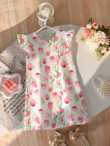 Elladie kids 女婴短袖A字连衣裙，优雅公主风，郁金香印花设计，适合春夏各种场合、派对、聚会等。 - 彩色 - 查看 2