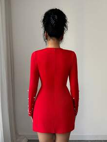 Selianne Neues asymmetrisches Bubble-Perlen elegantes rotes A-Linien Minikleid mit langen Ärmeln, geeignet für Dates, Partys und Zusammenkünfte - Rot - Übersicht 2