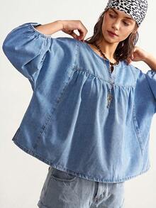 Bohemela New Women's Denim Top, Casual Loose Washed Lantern Sleeve Pullover Denim Shirt, Blue Top  Y2K Bohemian Style, Music Festival Outfit Summer Outfits  Spring Outfit Women Beach Outfit For Women  Summer Holiday Outfits - Light Wash - View 5