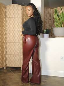 Steph T High Waist PU Leather Pants With Belt, Elegant Urban Style, Suitable For Autumn, Fall, Winter, Going Out, Formal, Party, Chic, New Year, Christmas, Work, Burgundy - Burgundy - View 6