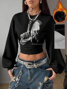 Coolane 休闲简约摇滚朋克复古时尚手势印花图案女式卫衣，Y2K风格，适合外出、街头、机场、音乐节、健身等场合穿着。 - 彩色 - 查看 6