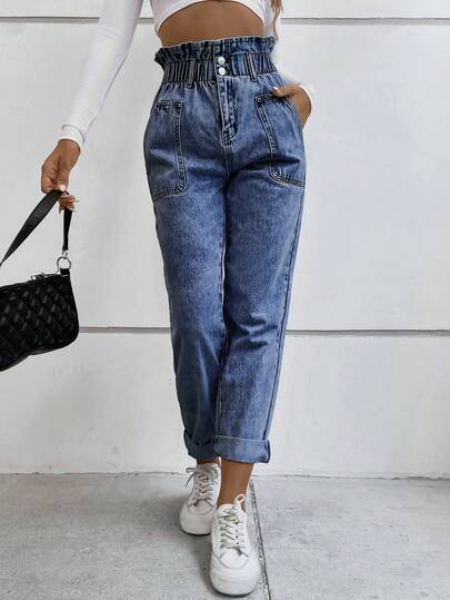 Flexra Women's Casual Elastic Waist Paper Bag Waist Slant Pocket Skinny Jeans