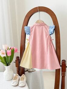 SHEIN LMoss Kids Đầm dệt phối màu tương phản cổ bèo kiểu dáng thường ngày cho bé gái - Nhiều màu - Xem 2