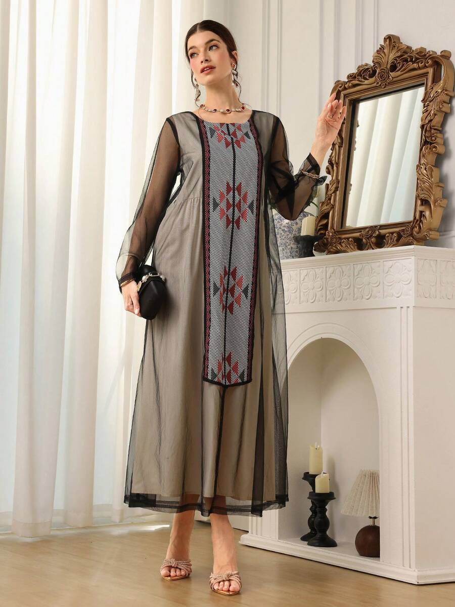 Al Najma Women's Geometric Pattern Mesh Casual Party Arabic Style Dress - Multicolor - View 1