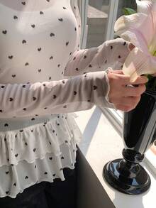 FRIFUL 女士圆领爱心印花荷叶边下摆休闲薄纱长袖上衣，适合日常穿着 - 彩色 - 查看 6