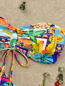 Swim Vcay Women's Sexy Tube Backless Tie Front Tropical Digital Print Bikini Set With Detachable Strap, For Beach Vacation Spring/Summer/Autumn - Multicolor - View 7