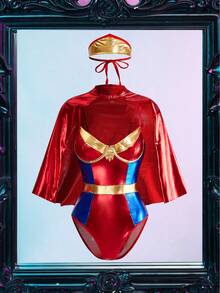 3 piezas Traje de superhéroe con revestimiento metálico reflectante con aros, conjunto de lencería de club ajustante con parches para fiesta - Multicolor - Ver 6