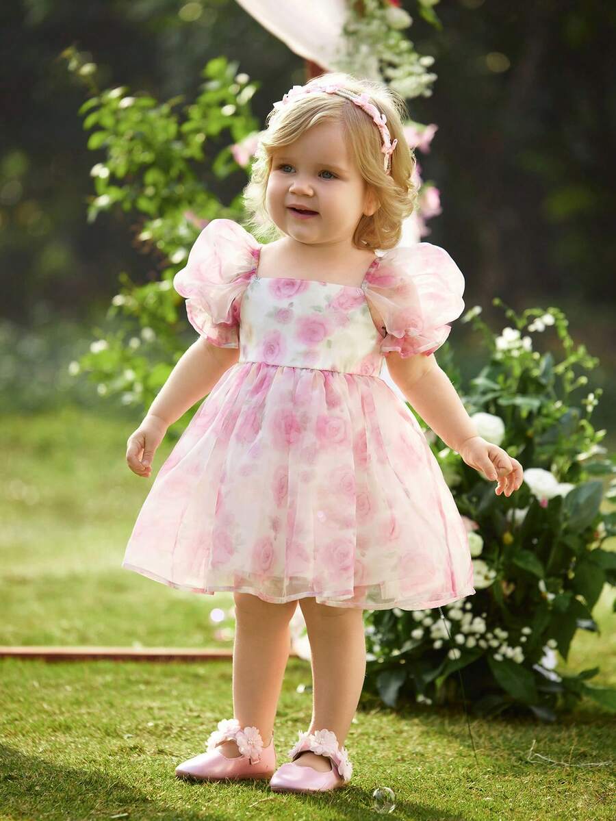 女宝宝优雅花卉图案可爱薄纱公主裙 - 彩色 - 查看 1
