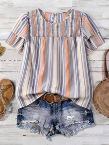 Linhara Damen bunte gestreifte Rüschen-Saum Kurzarm Bluse, geeignet für Sommer Strand, Wochenendmarkt, Unabhängigkeitstag Lässig Wear Damen Tops und Blusen Boutique Tops für Damen Sommer Tops für Damen Damen Tops für Sommer Bluse für Damen Lässig - Verschiedenfarbig - Übersicht 3