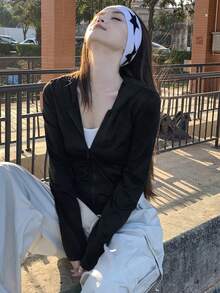 DAZY Chaqueta casual de manga larga con cremallera en el hombro para adolescentes - Negro - Ver 4