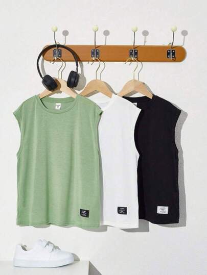 SHEIN 3pcs/Set Casual Streetwear Solid Color Letter Graphic Crew Neck Sleeveless Knit Tank Top For Teen Boys, Relaxed Fit, Versatile, Soft Fabric, Suitable For Daily Wear, School, Outings, Outdoor Activities, Music Festivals, Holidays, Parties, Summer Beach Vacations, Spring/Summer