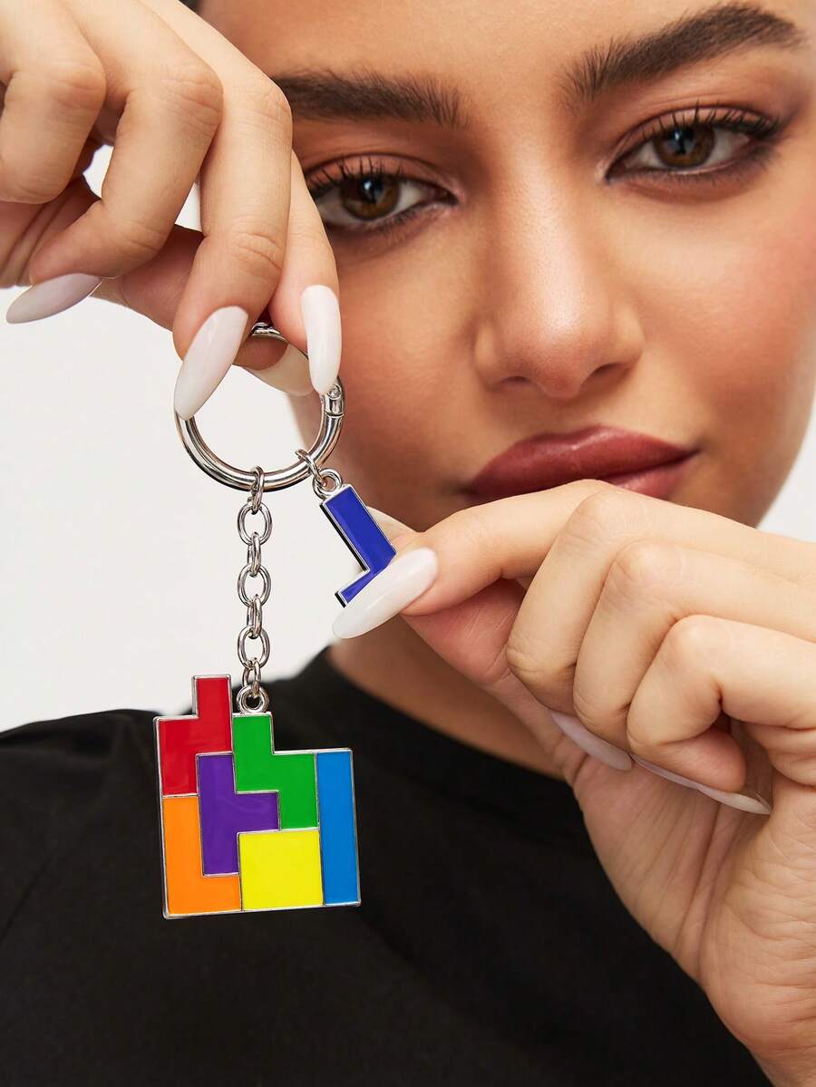 Tetris™ X SHEIN Fashionable Zinc Alloy Silver Candy Colored Keychain Game Bag Charms Pendants, Souvenirs, Collectibles, For Gifts, Wallets, School Bags, Backpacks,Car Accessories,Unisex For Men & Women - Multicolor - View 1