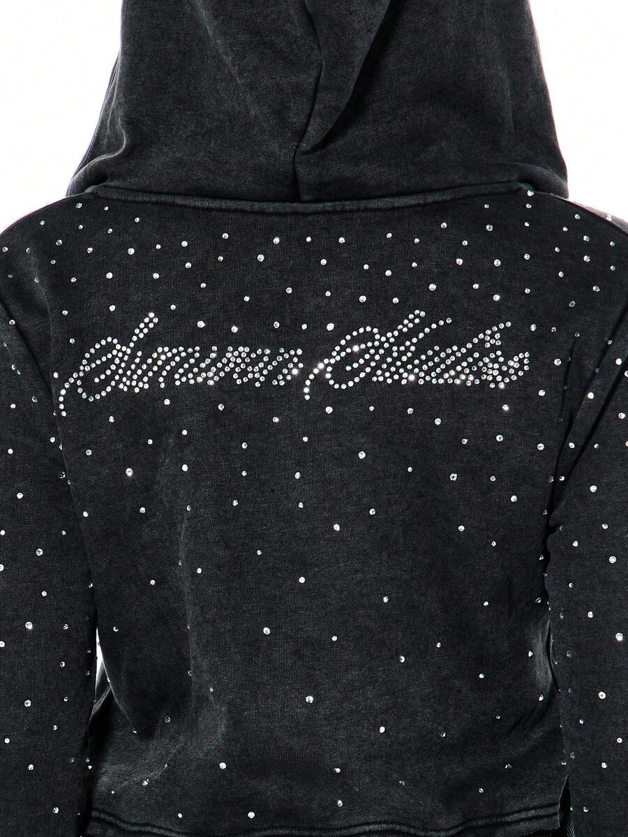 SUMWON WOMEN Cropped Full Zip Hoodie With Rhinestone Embellished Script Design And Polka Dot Pattern Long Sleeve Washed Black - Black - View 1