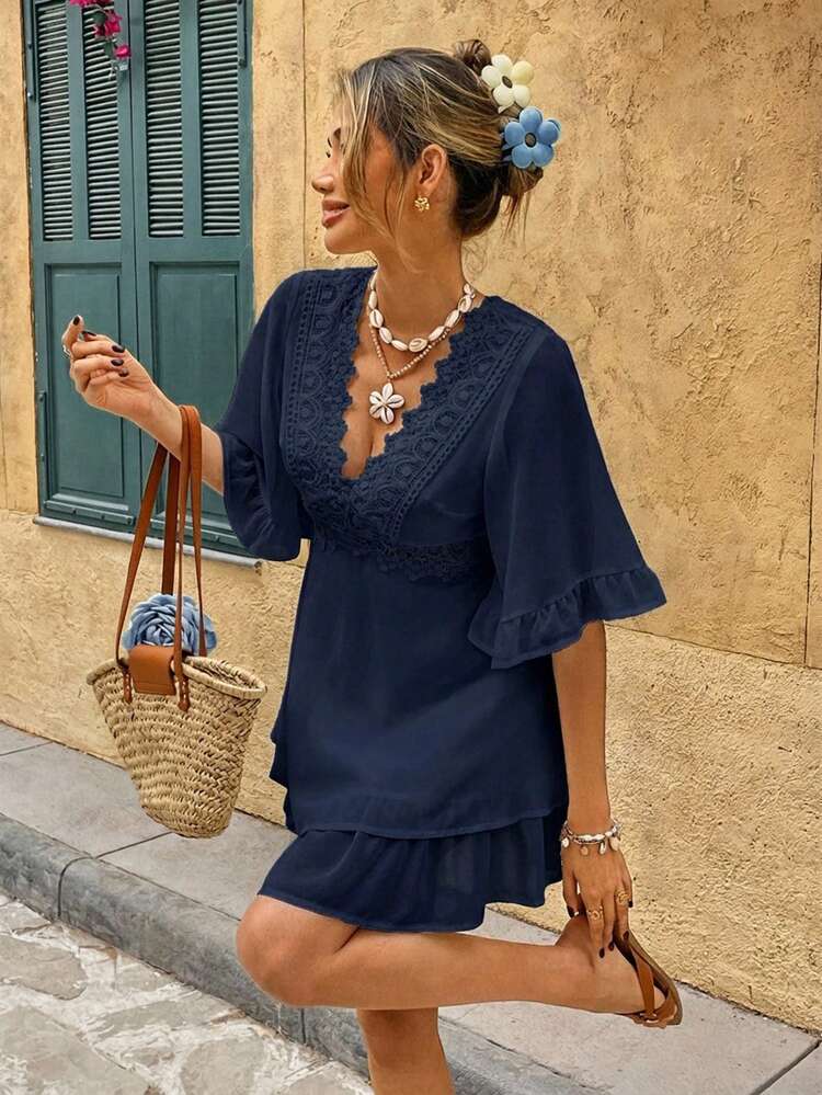 SHEIN Frenchy Women's V-Neck Elegant Waist Cinched Mini Party Dress - Navy Blue - View 3