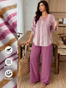Breezaya Set de 2 piezas Traje de mujer talla grande con cuello con muesca, mangas con botones y estampado floral de color contrastante, estampado aleatorio - Multicolor - Ver 1