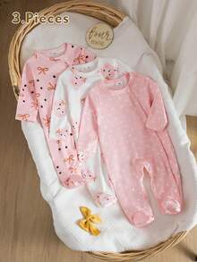 3pcs Newborn Baby Spring/Summer Knit Round Neck Long Sleeve Romper With Pants, Cute Polka Dot, Bow, Bear Print, Digital Pattern, Pink & White, Button Front Pajama Set - Multicolor - View 1