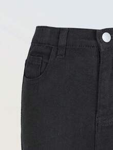 SHEIN Denimly 女孩时尚休闲简约学院风牛仔裤，松紧腰，拉链闭合，水洗牛仔七分裤 - 黑色 - 查看 6