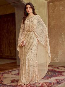 ZEYLAH Elegant Sequin Waist Cinched Ruched Robe, Spring/Summer - Apricot - View 6