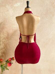 Soleia Spring/Summer New Casual Vacation Western Beach Wedding Guest Attire Graduation Brunch Women's Outfit, Elegant Boho Tropical Vacation Halter Neck Elegant Party Valentine's Day Beaded Tassel Backless 2-Piece Set - Burgundy - View 2