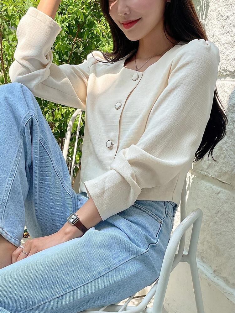 Solid Button Front Crop Blouse,Long Sleeve Tops Fall