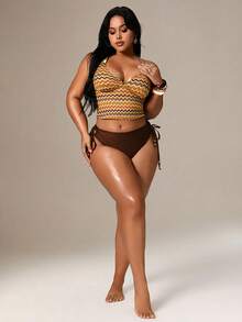 Auralis Conjunto de bikini de verano de talla grande con patrón ondulado retro y espalda cruzada a la moda - Multicolor - Ver 5