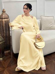 Yasmyna 女士纯色圆领镂空优雅长袖阿拉伯连衣裙 - 黃色 - 查看 6