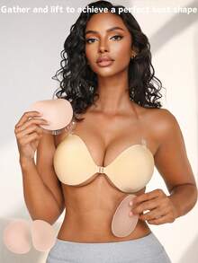 NudeFit Skin-Colored 8-Hole Heart-Shaped Nipple Covers&Reusable Invisible Bra Pads Combo Set,Sticky Strapless Backless Push Up Bra For Women,Wedding Guest - Khaki - View 4