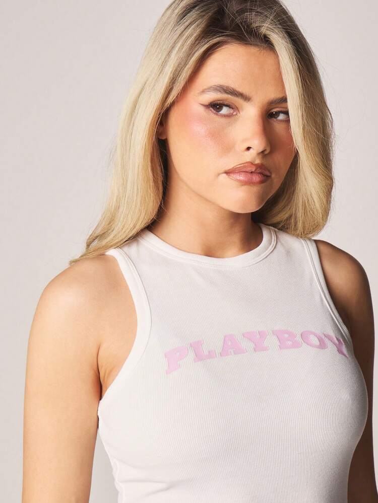Missguided x Playboy Ribbed Racerback Tank Top And High Rise Boyshorts Lounge Set With Brand Logo Print Sleepwear Loungewear Pajama Set, Casual Outfit