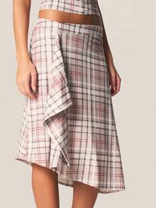 MISSGUIDED Asymmetrical Plaid Midi Skirt With Ruffle Hem Detail Check Pattern High Waist Wrap Style Fall Winter Office Casual - Multicolor - View 3