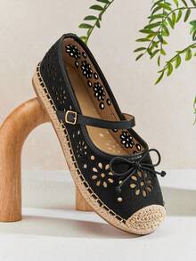 Solezae Women's Elegant Floral Cut-Out Round Toe Mary Jane Flat Espadrilles - Black - View 7