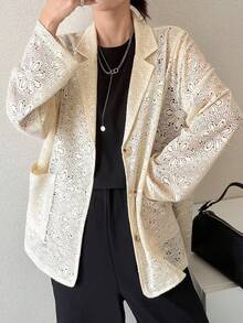 FRIFUL 女士纯色杏色薄纱蕾丝面料叠层宽松休闲百搭西装外套 - 杏色 - 查看 1